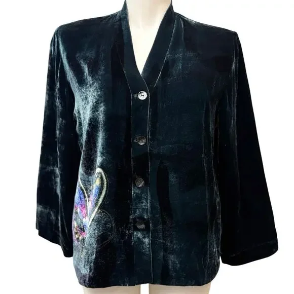 Chicos Green Silk & Velvet Painted Butterfly Kimono Blazer Jacket Size 2 (L/12) - Picture 2 of 12